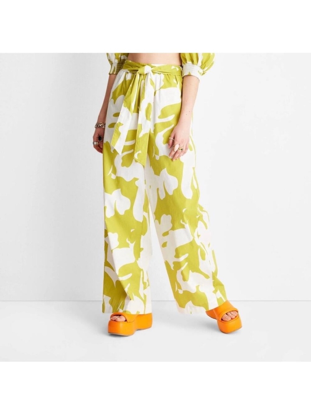 Tie-Waist Wide Leg Pants in Lime & White